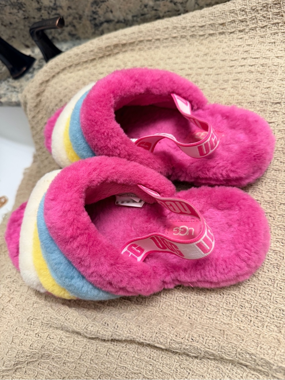 UGG Multicolor Plush Rainbow Shearling Slide Slippers - Pink Blue Yellow Cream - Picture 3 of 7